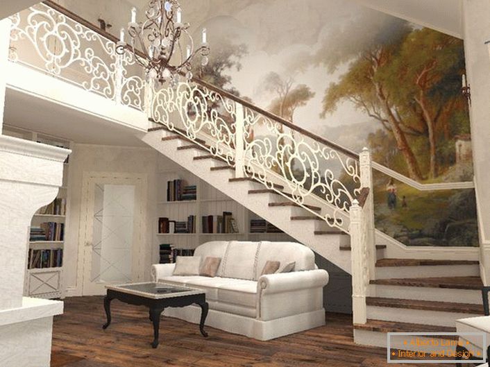 Die markante Harmonie der eleganten Treppe und das Innere des Hauses im mediterranen Stil.