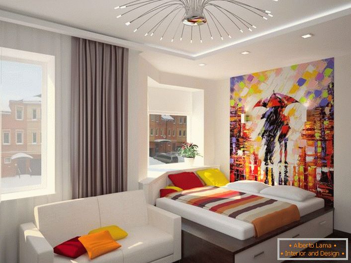 Kreatives Design des Schlafzimmers im Jugendstil. Die Verwendung von hellen saftigen Farben macht den Raum wirklich gemütlich und warm.