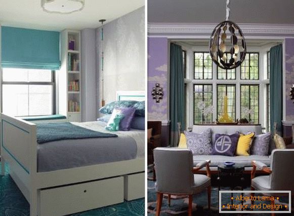 Welche Vorhänge eignen sich für lila Tapeten - Fotos von Räumen