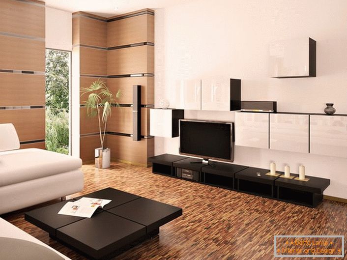 Das stilvolle, moderne Zimmer in Weiß und Hellbeige ist mit dunklen Holzmöbeln eingerichtet.