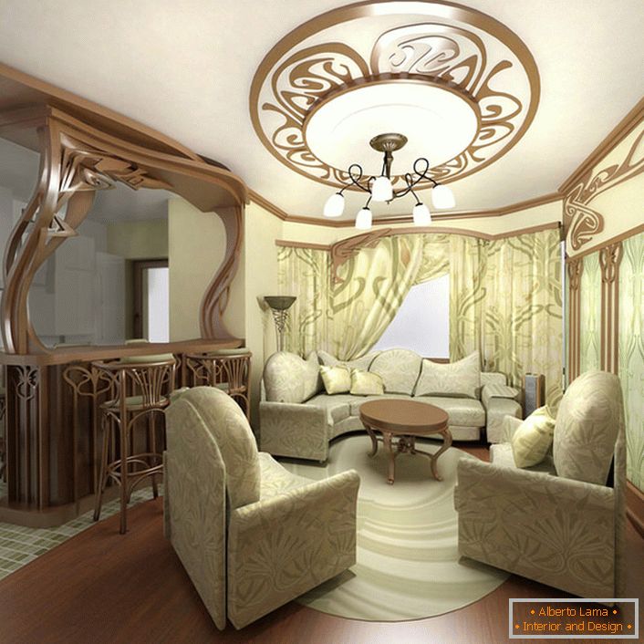 Exquisite Möbel für ein kleines Wohnzimmer im Jugendstil in einer Stadtwohnung in Moskau.