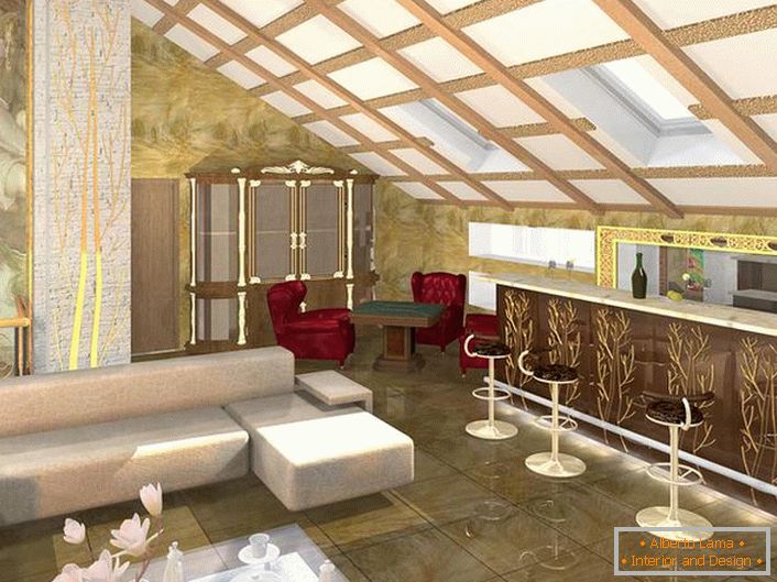 Design-Projekt richtig geplant Raum für Gäste im Jugendstil. Ein Minimum an Möbeln, kontrastierenden Farben in den besten Stiltraditionen.