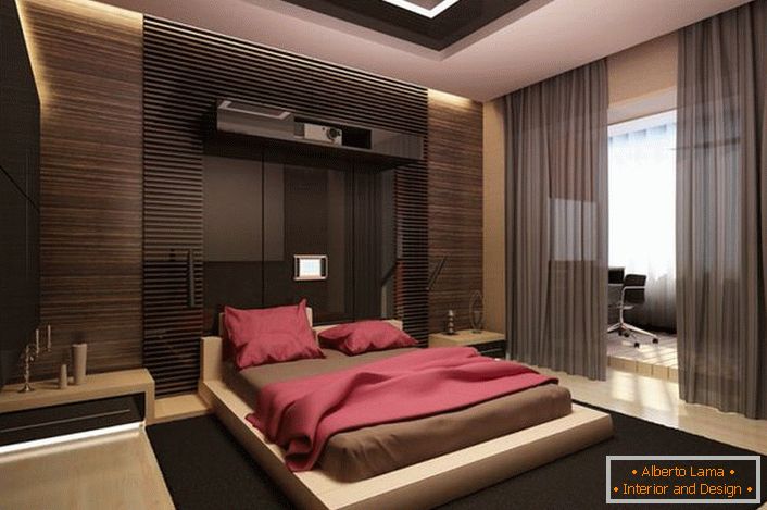 Ein geräumiges Schlafzimmer im Stil des Minimalismus. Mutige Designentscheidung.