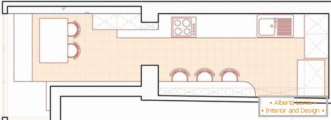 Das Layout der langen, schmalen Küche mit Balkon