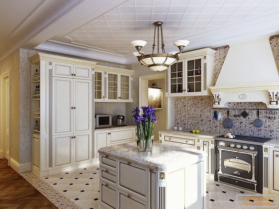 Design einer klassischen Küche kombiniert mit einer Halle