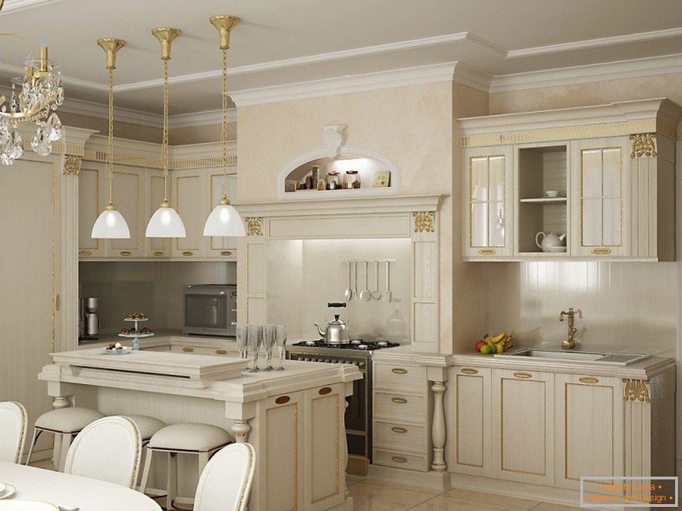 Weiße Küche mit vergoldeter Fassadendekoration