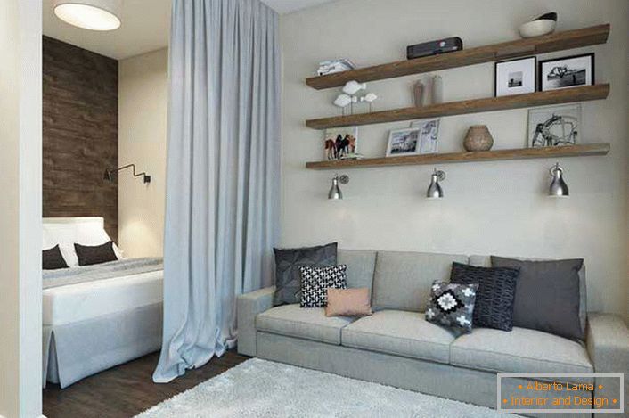 Das Design einer 40 Quadratmeter großen Studio-Wohnung teilt den Raum in ein Wohnzimmer und ein Schlafzimmer. Der Platz zum Ausruhen ist mit einem schweren schweren Vorhang bedeckt. 