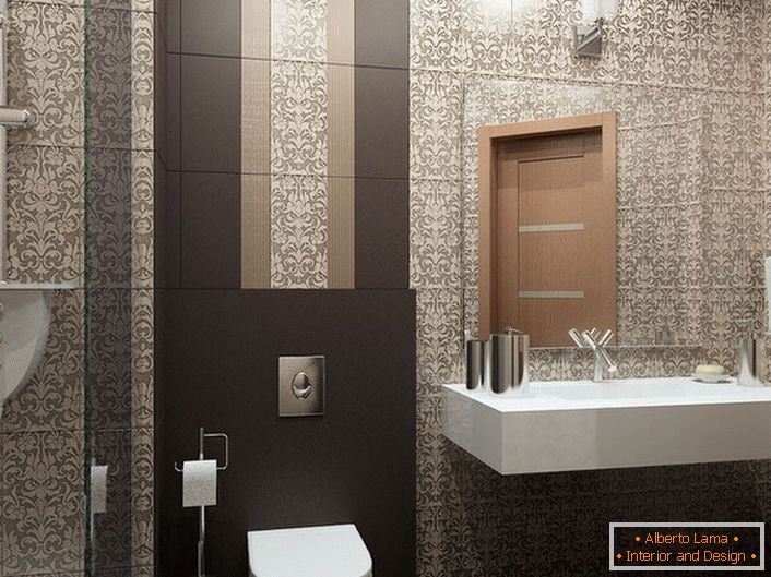 Für die Einrichtung des Badezimmers hat der Designer Keramikfliesen im Art Deco Stil ausgewählt. Ein aufwendiges Muster in länglicher Form lässt die Decken optisch höher erscheinen.