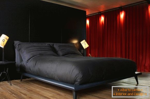 Schlafzimmer in roter und schwarzer Farbe