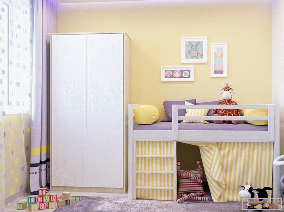 Gelbe Wände in einem kleinen Kinderzimmer