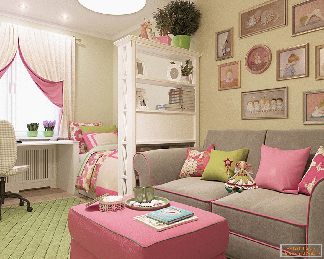 Ein Regal trennt den Bereich für Gäste und einen Schlafbereich im Kinderzimmer