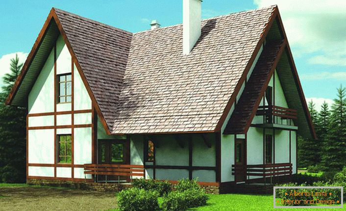 Die Fassade des Gebäudes des Hauses ist im Einklang mit den Anforderungen des skandinavischen Stils eingerichtet. Kontrastreiche Holzarbeiten werden zu einem bemerkenswerten Merkmal des Stils. 