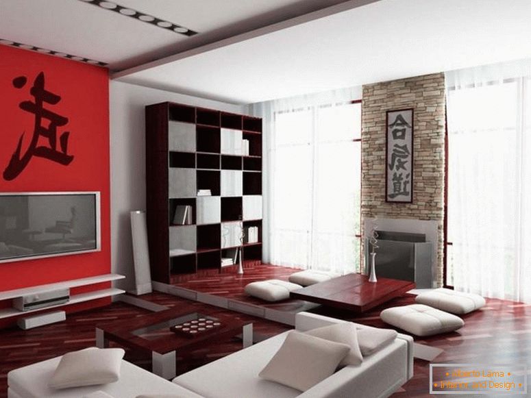 Geräumiges Wohnzimmer in roten und weißen Farben