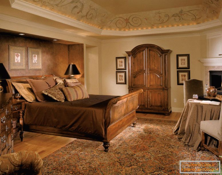 Mid-Century-Royal-Schlafzimmer-Holz-Bett-Frame-Möbel-Perser-Teppich-Brown-Feature-Wand