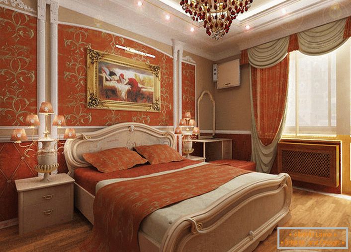 Schlafzimmer im Empire-Stil für eine junge Dame. Eine helle Koralle Farbe in Kombination mit einem goldenen Muster macht das Design wirklich exklusiv und stilvoll.
