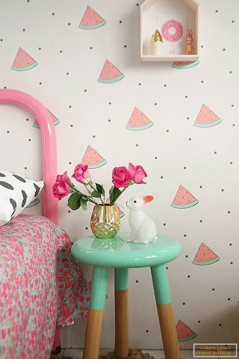 Tapeten-Kinderzimmer-Wassermelonen-Muster-Rosa-Beistelltisch