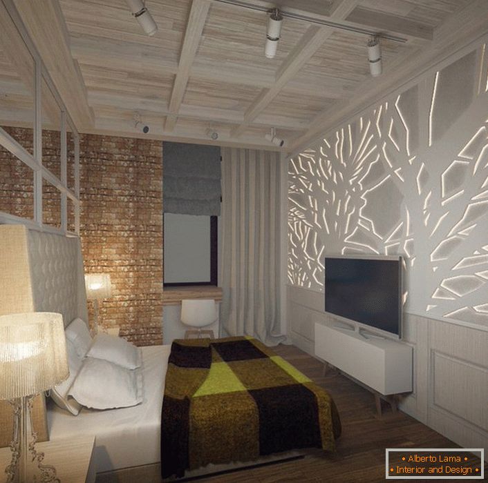 Das Schlafzimmer ist nach den Anforderungen des Loft-Stils gestaltet. Achtung zieht ein Wandpaneel aus Gipskarton mit LED-Hintergrundbeleuchtung. 