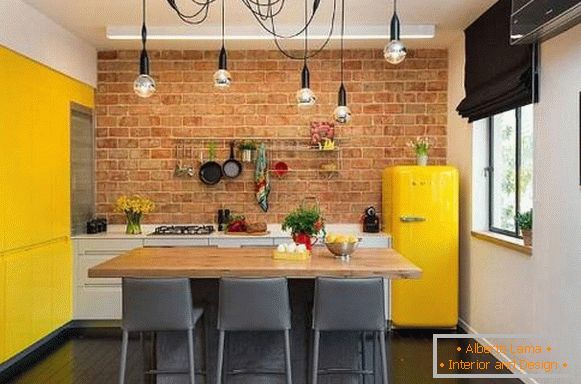 Küchen im Loft-Stil mit einem Backstein - Foto mit hellem Dekor