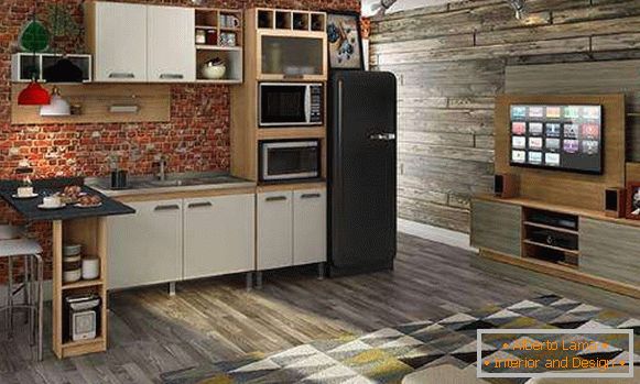 Küchenwohnzimmer im Dachbodenart - Foto im Studiowohnungsdesign