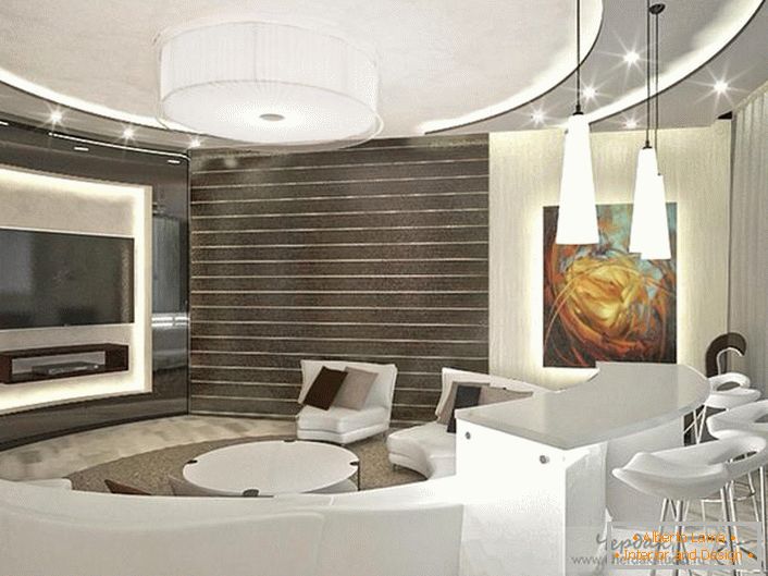Der Designer hat erfolgreich die Beleuchtung für das Wohnzimmer im Stil von High-Tech ausgewählt. Mehrgeschossigen abgehängten Decken sehen günstig mit Spot-Beleuchtung.