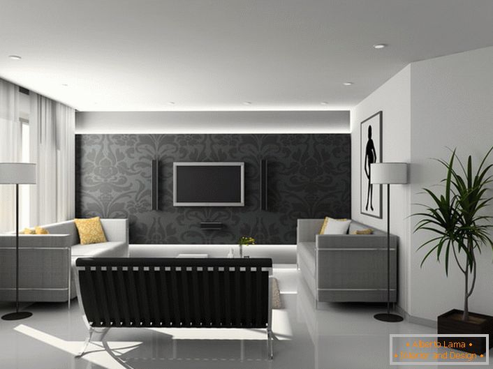 Bei der Gestaltung der Gästezimmer im Hi-Tech-Stil werden vorwiegend strenge geometrische Formen und Grautöne verwendet.