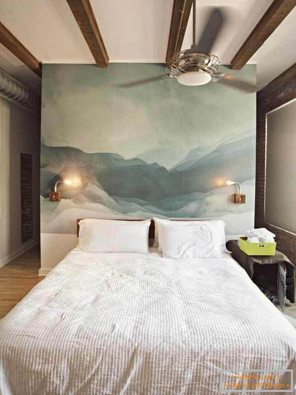 Schlafzimmer-Design in einem Loft mit Fototapeten
