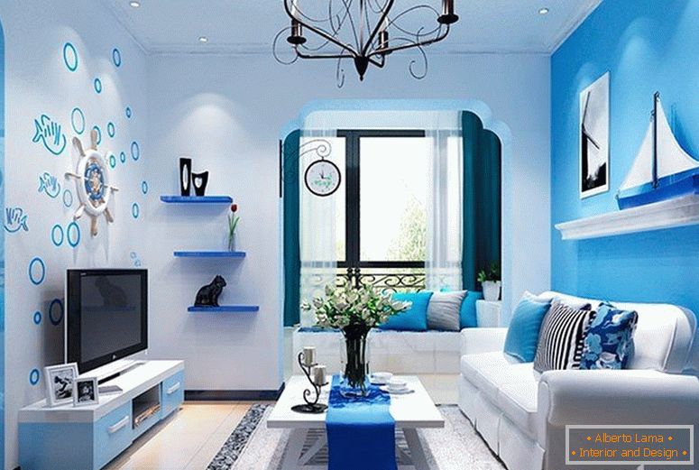Wohnzimmer mit blauem Interieur