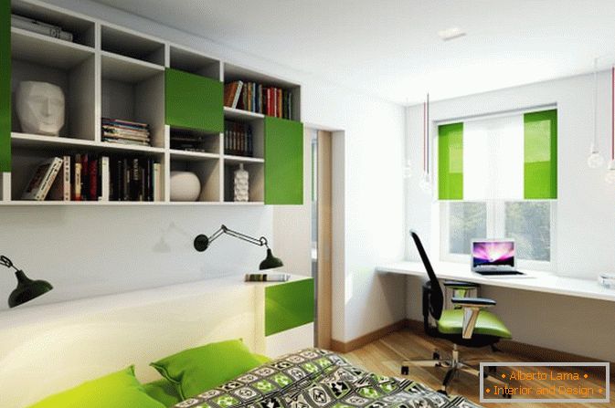 Grüne Akzente im Schlafzimmer einer kleinen Studiowohnung in Russland