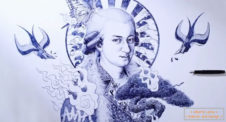 Mozart, gezeichnet mit einem Kugelschreiber