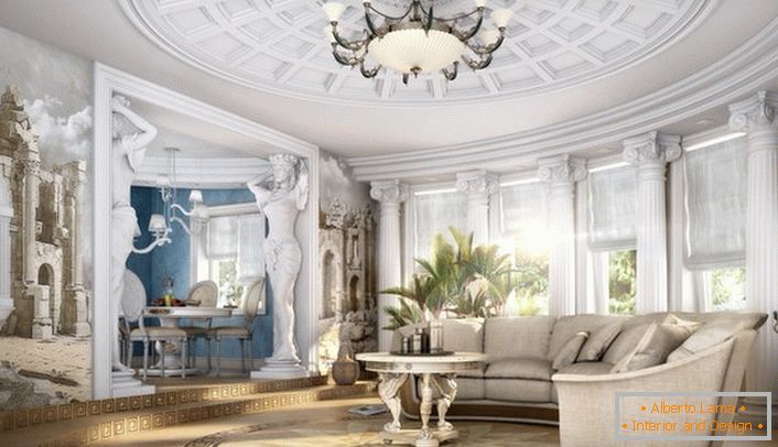 Ein geräumiges Wohnzimmer im neoklassischen Stil mit ausgewählten Möbeln. Unauffällige Klassiker in moderner Performance.