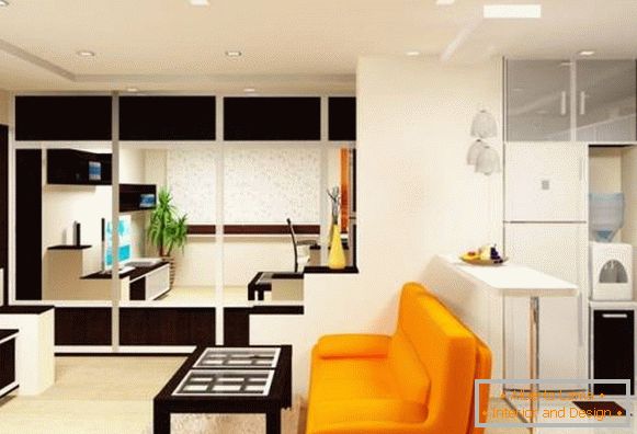 Eine moderne Idee für die Kombination der Küche mit dem Wohnzimmer