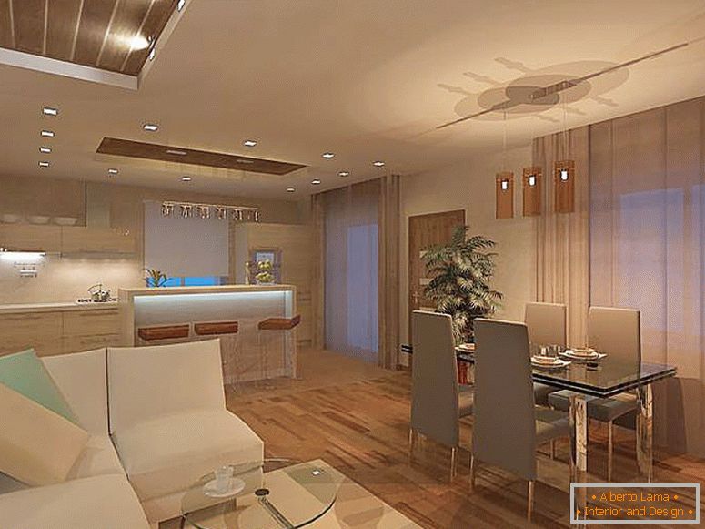 Das minimalistische Wohnzimmer ist mit der Küche kombiniert. Für den minimalistischen Stil ist die Verwendung von Decken-Kronleuchtern nicht typisch, die beste Option ist Punkt-LED-Beleuchtung.
