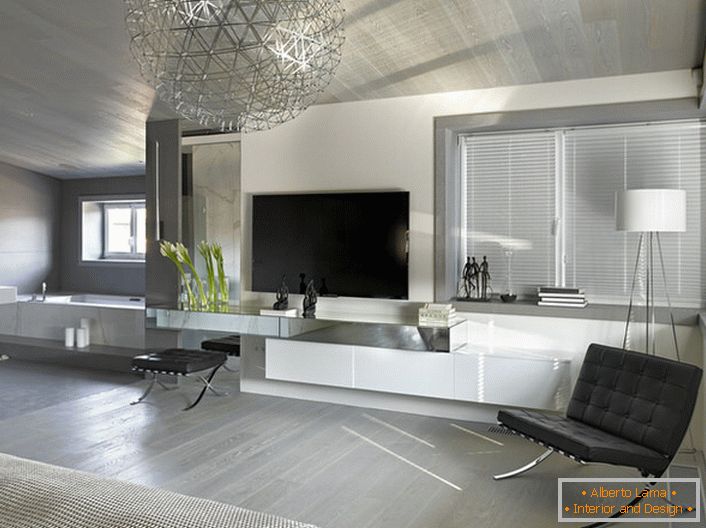 Ein charakteristisches Merkmal des minimalistischen Stils ist die Verwendung eines einfarbigen Materials für die Polsterung von Möbeln und metallverchromten Elementen.