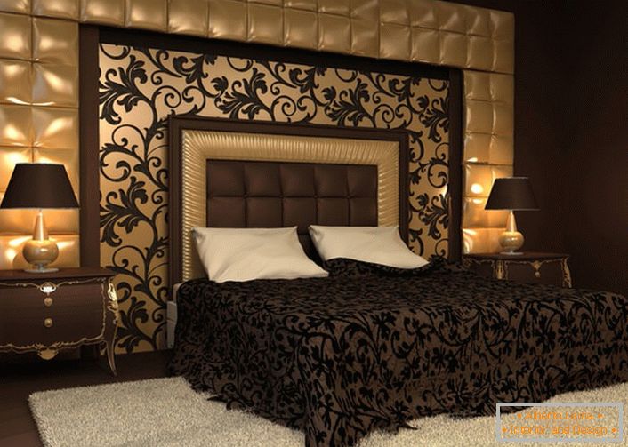 Das Highlight der Designlösung war die Rückenlehne am Bettkopf und die mit einem weichen Tuch bezogene Wand. Ornamente auf der Bettdecke Echo mit Ornamenten an der Wandplatte. 
