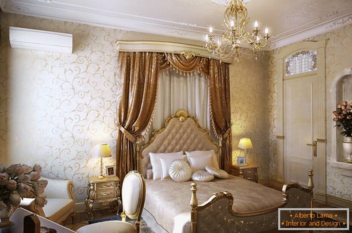 Nur richtig ausgewählte Möbel, wie in diesem Schlafzimmer, können zu einem lebendigen Beispiel des Barocks werden.