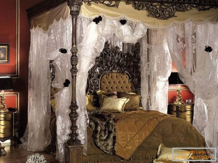 Richtiges Design des barocken Schlafzimmers in dunklen Farben.