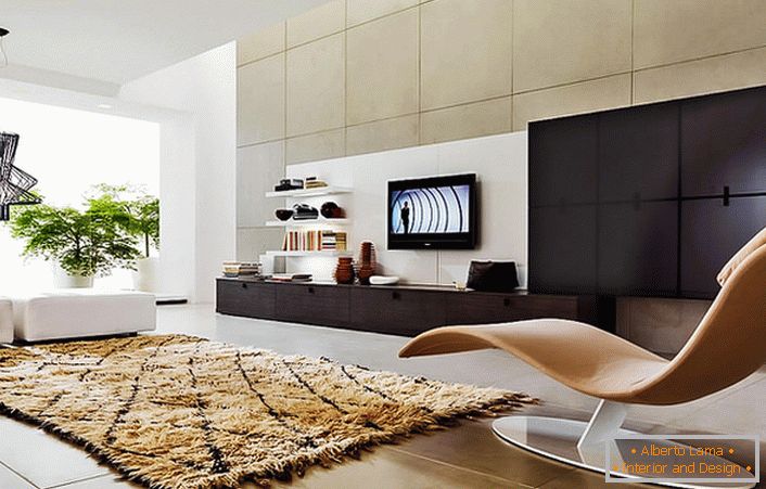 Eine natürliche Wahl für das Wohnzimmer: eine modulare Schrankwand und Sofas. Ein besonderer Chip des Interieurs ist eine ergonomische Stuhlbank.