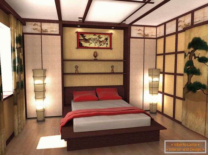 Das Entwurfsprojekt eines Schlafzimmers im Stil des japanischen Minimalismus ist das Werk eines Absolventen einer Moskauer Universität. Eine kompetente Kombination aller Details der Komposition macht das Schlafzimmer stilvoll und orientalisch in Raffinesse.