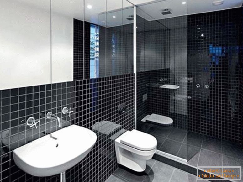 minimalistisch-Interieur-Dekor-gekuppelt-mit-schwarz-Bad-Ideen-für-modern-Bad-eingerichtet-mit-Porzellan-Waschbecken-und-Wand-Wasserhahn-unter-großen-Wand-Spiegel