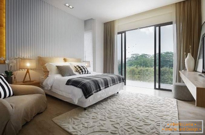 Schlafzimmer mit Panoramafenstern - Foto eines schönen Innenraums