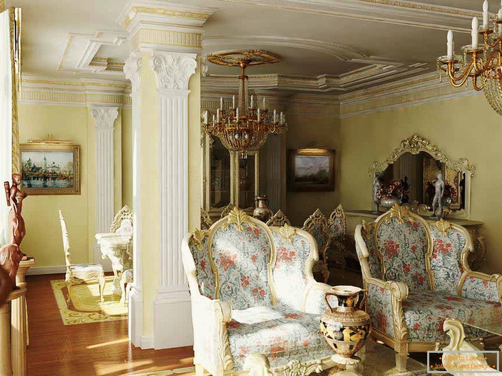 Ein barockes Wohnzimmer mit richtig ausgewählter Beleuchtung. Interessant sind auch die Säulen mit keramischen Formteilen.
