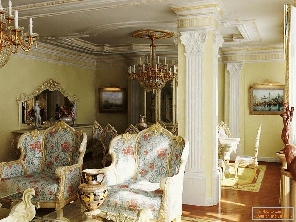 Exquisiter, luxuriöser Barockstil für ein Gästezimmer. Das richtige Beispiel der Beleuchtung für den Barockstil.