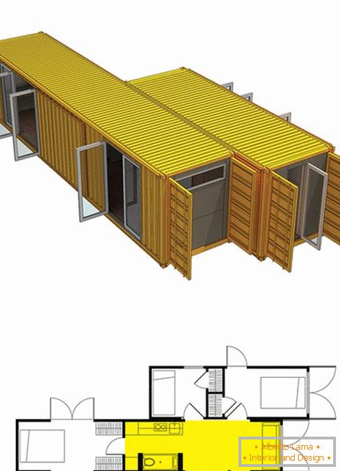 Modernes Haus aus Containern. Hausvariante von 2 Modulen