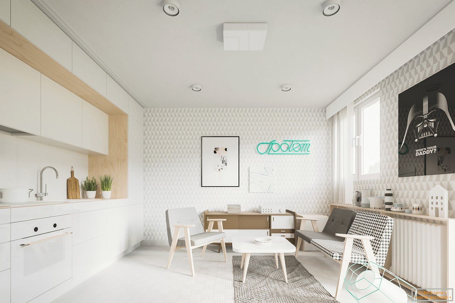 Studio-Apartment mit Küche an der Wand