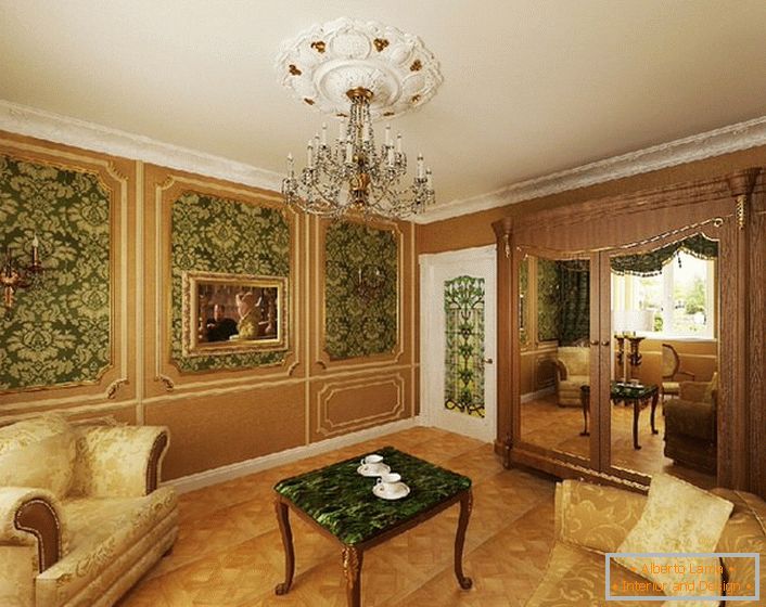 Edle grüne Farbe in Kombination mit Gelbgold wirkt in einem Gästezimmer im Amper-Stil profitabel.