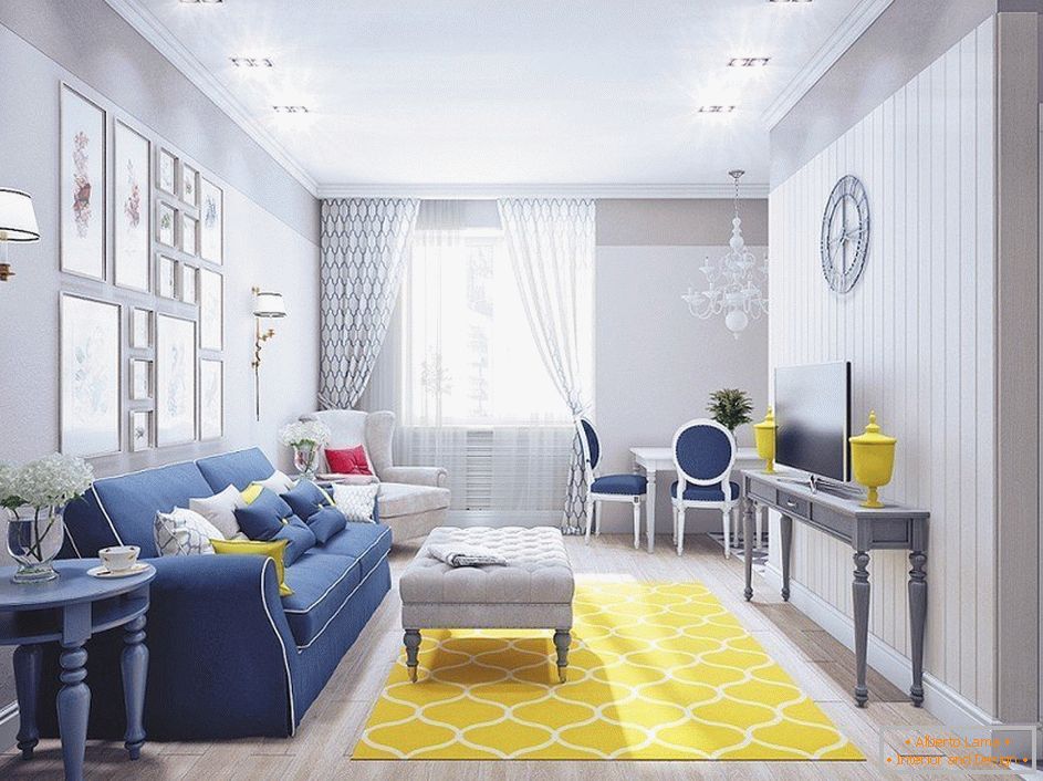 Graues Wohnzimmer mit gelbem Teppich