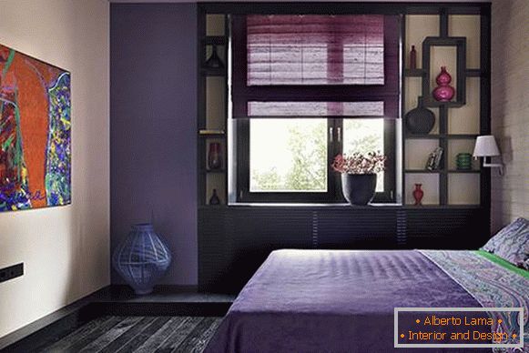 Schlafzimmer in Lila - ein Foto-Design mit einem dunklen Baum