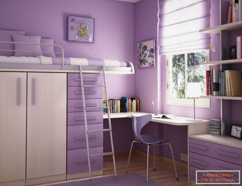 bequem-Schlafzimmer-Design-Idee-für-Teenager-Mädchen-mit-lila-Wand-Creme-Etagenbett-mit-Flieder-Schubladen-und-weiß-Fenster-Frame-bewundernswert-Schlafzimmer-Design-Ideen-for- Mädchen im Teenageralter