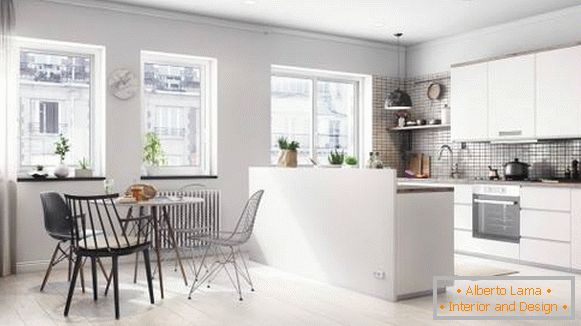 Küche und Essbereich im skandinavischen Studio-Apartment