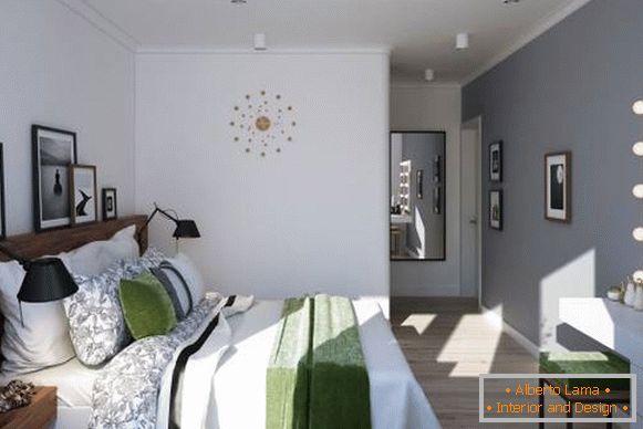 Design eines Schlafzimmers in einer Zweizimmerwohnung im skandinavischen Stil